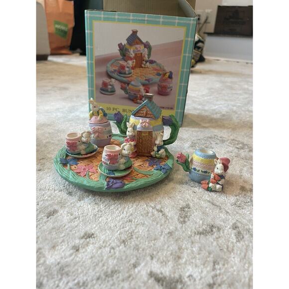 Vintage Miniature Tea Set‎ Bunny Rabbit 10pcs Resin W/ Plate - Picture 1 of 8